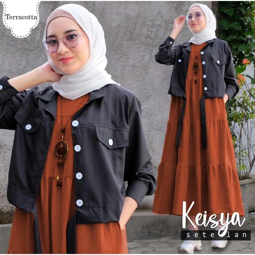 SET KEISYA 2IN1 FASHION PAKAIAN WANITA SET INNER DAN OUTER BAHAN MOSCREPE JCHM