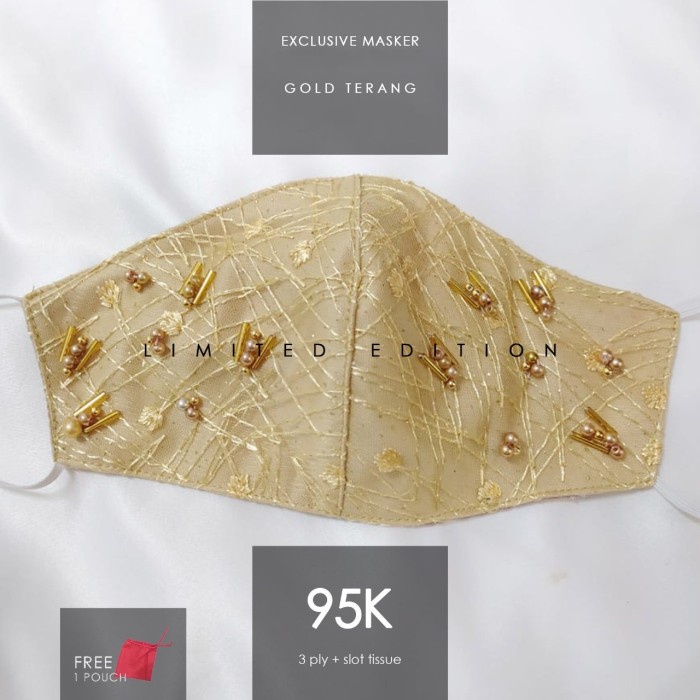 Masker Kain Wanita 3ply | Masker Pesta Premium | Gold Muda Payet - Brokat + Payet