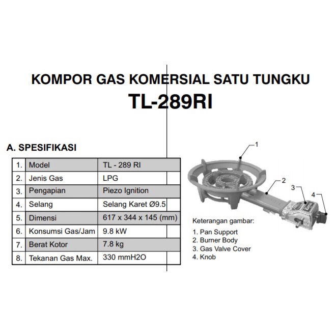 Rinnai Kompor Gas 1 Tungku RI TL 289 Murah High Pressure