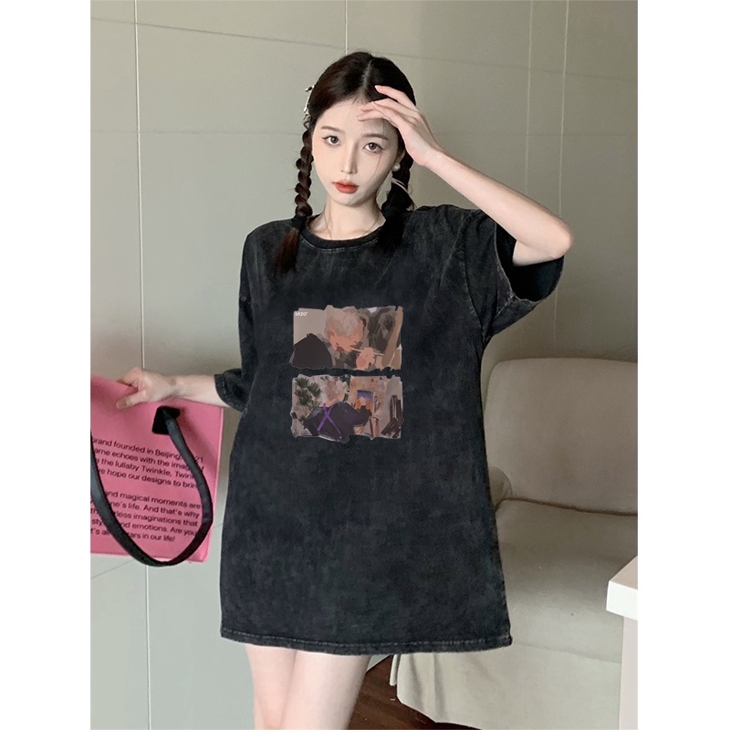 Kaos oversize hitam oversize lengan pendek Cartoon washed baju wanita  graphic print T-shirt/oversize tshirt/kaos hitam oversize wanita