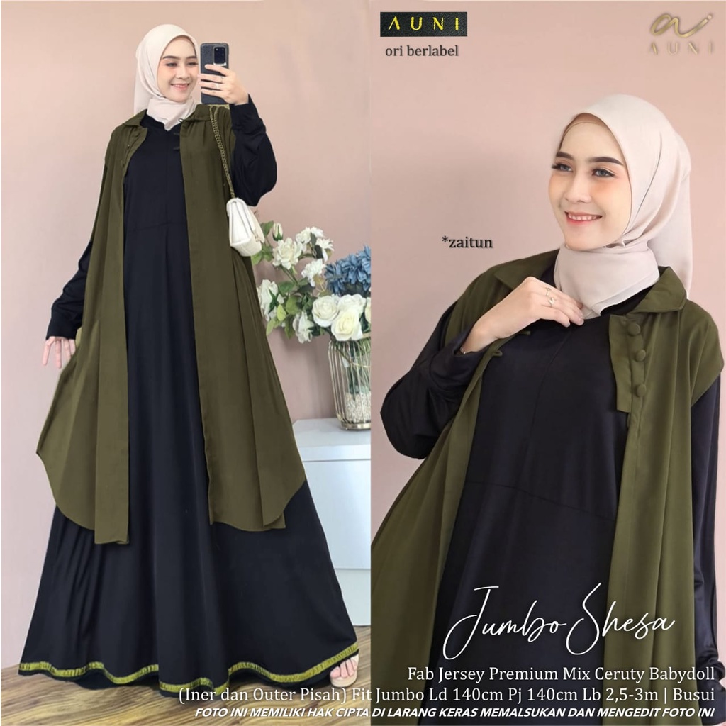 Gamis Jumbo Shesa Uwais Auni Bahan Jersey Mix Ceruty Ld 140 Inner Outer Pisah