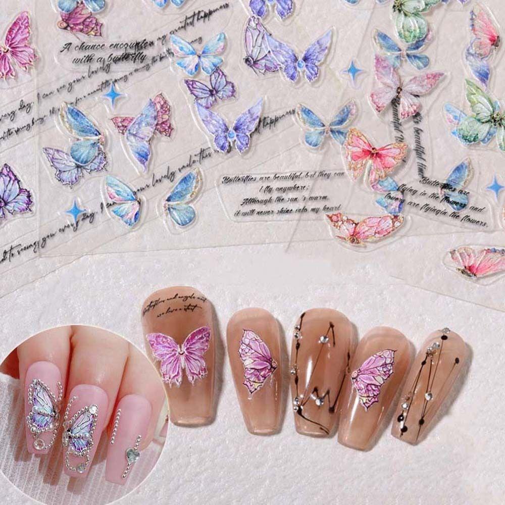 Agustina Kupu-Kupu Stiker Kuku Fashion Relief Kupu-Kupu Perekat Diri Huruf Inggris Nail Art Dekorasi