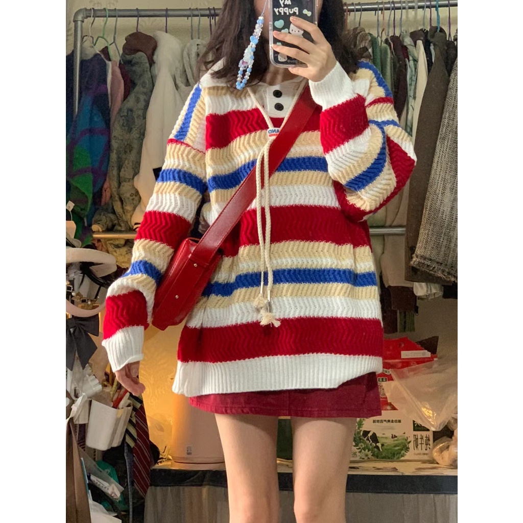 Red Manis garis pelangi Jepang warna kontras polo collar sweater siswa perempuan musim gugur dan musim dingin pakaian rajut Korea baru pasang teratas