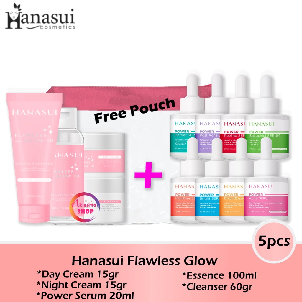 Paket Hanasui Flawless Glow 10 + Power Serum (day cream +night cream+essence+cleanser+serum) 5pcs