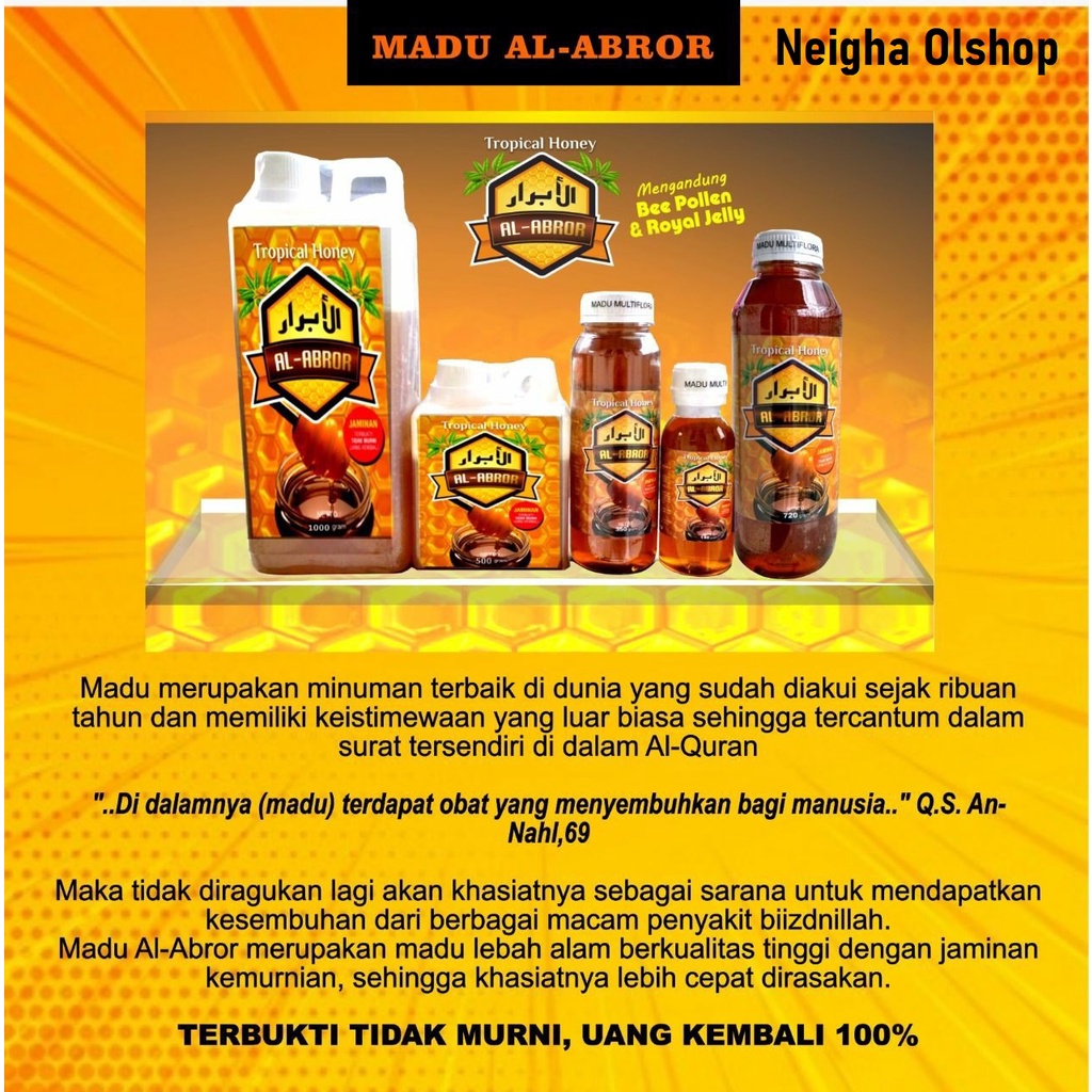 

Madu Multiflora Al Abror 700 gram Murni Asli 100% Bukan Sirupan Oplosan Sintetis Kurasan (SOSK)
