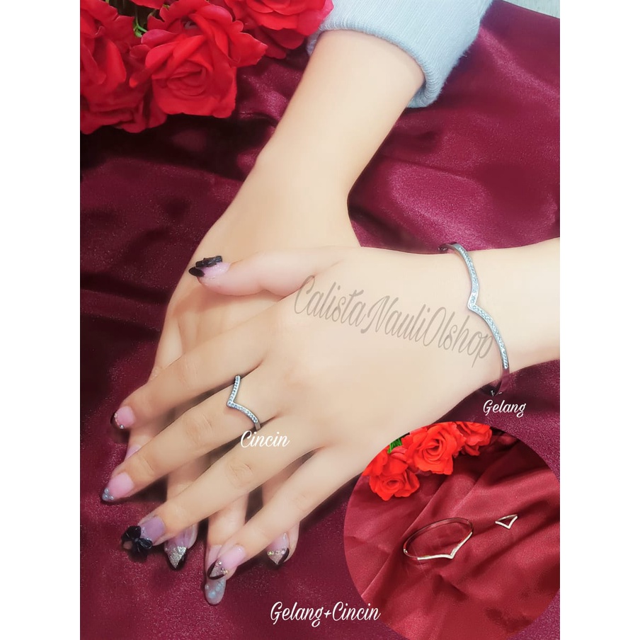 GELANG BANGKOK+CINCIN  TITANIUM VUJI PERMATA ZIRCON PERHIASAN EMAS KOREA ANTI KARAT DAN ANTI LUNTUR