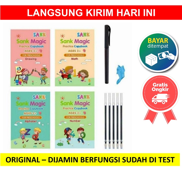 

Buku Sank Book Magic Sank Magic book 1 Set isi 4 Buku + pulpen 3+ BELAJAR MENULIS BERHITUNG MENGGAMBAR GAMBAR Bisa Dihapus