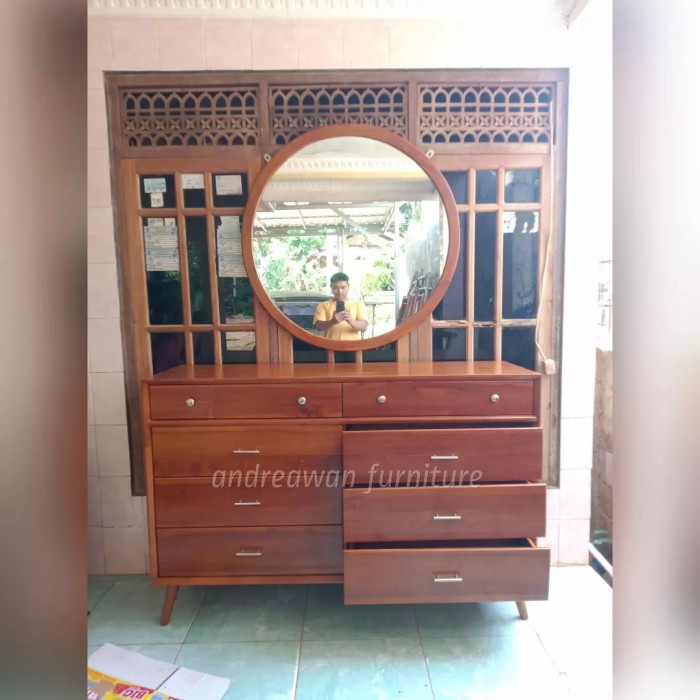 Nakas Laci Bufet Minimalis Retro Kayu Jati Figura Kaca Cermin Bulat