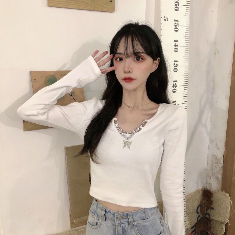 Red 2022 musim gugur gaya Korea baru slim bottoming shirt top rasa desain rantai hitam pendek lengan panjang T-shirt pakaian wanita