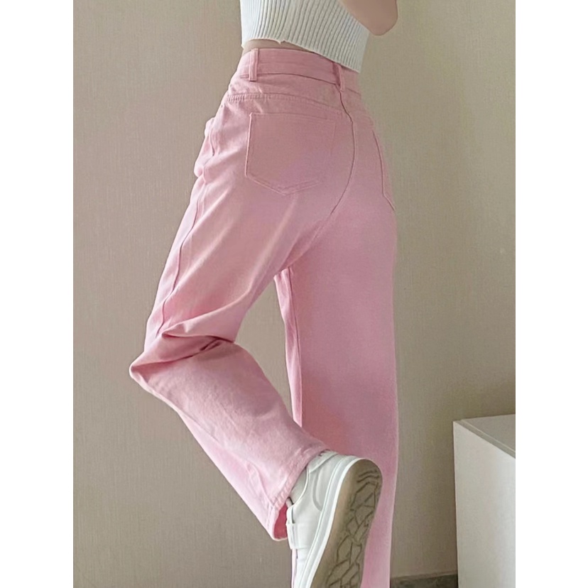 Pink Highwaist Lurus Kasual Loose Celana Jeans Wanita