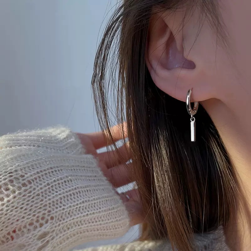 Papaozhu Korea s925 Perak Strip Hoop Anting-Anting Untuk Wanita Gadis Elegan Kecil Tongkat Menjuntai Anting-Anting Perhiasan Telinga Fashion