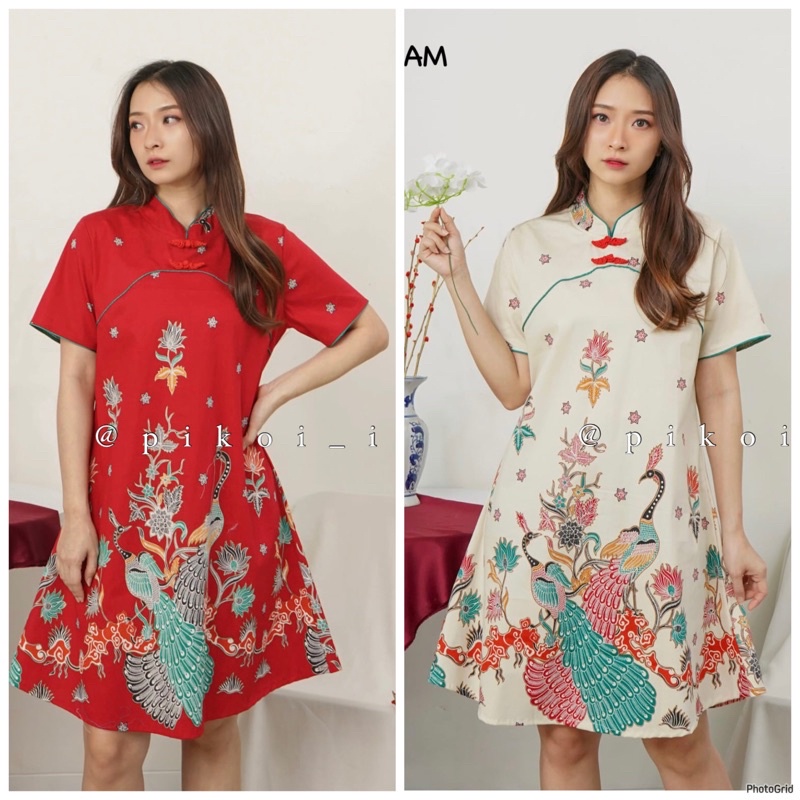 Dress Cheongsam Batik Merah CNY / Dress Congsam Qipao Sincia Katun Stretch / 3205 2866 3203