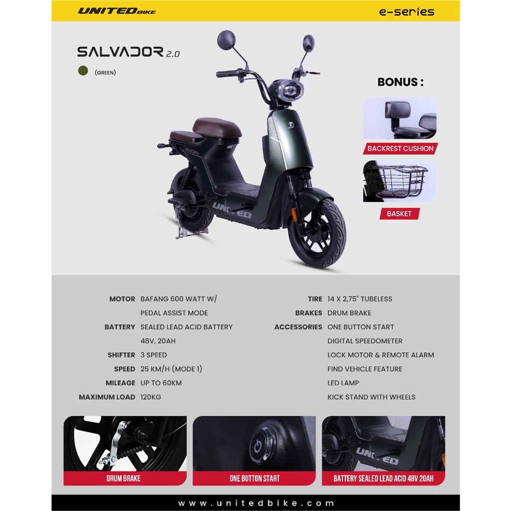 SEPEDA LISTRIK E BIKE E MOPED UNITED SALVADOR 2.0 dan SE GARANSI RESMI + BONUS