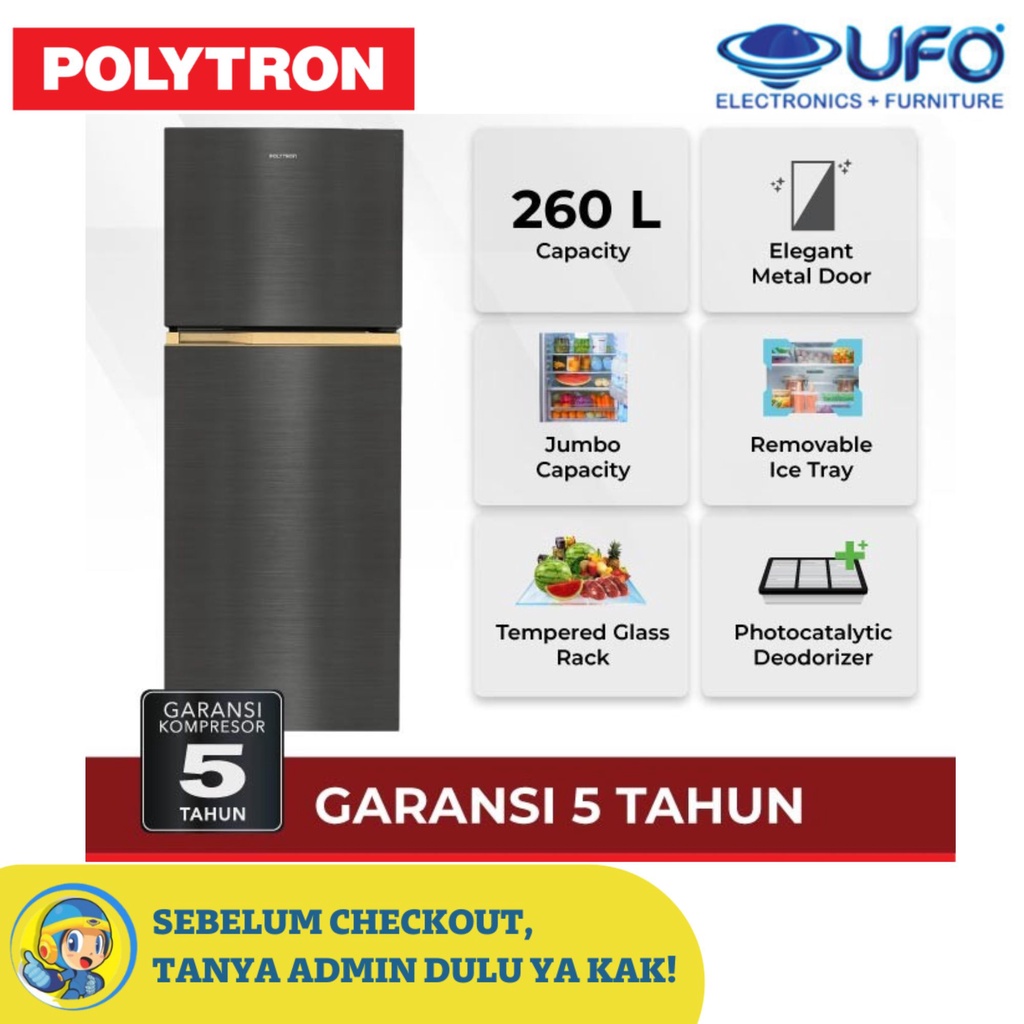 POLYTRON PRW292T Kulkas 2 Pintu Metallic 260 liter