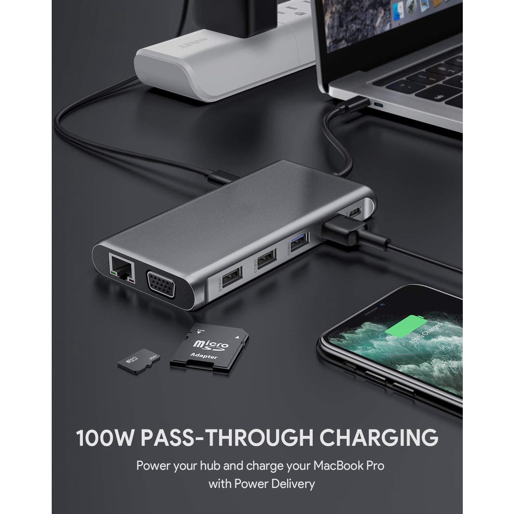 USB C Hub 12-in-1 Type C Adapter with Ethernet, 4K HDMI,VGA,2 USB 3.0,2 USB 2.0,100W PD,USB-C Data Port and SD/TF Docking Station for MacBookPro/Air(Thunderbolt 3) and Other USB-C Laptops