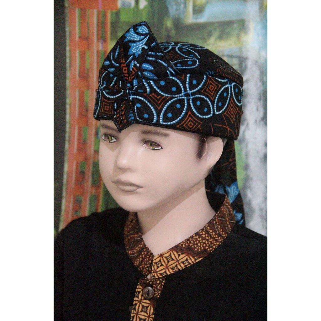 blangkon iket kepala sunda jawa tradisional anak &amp; dewasa atas tutup batik (BIRU)