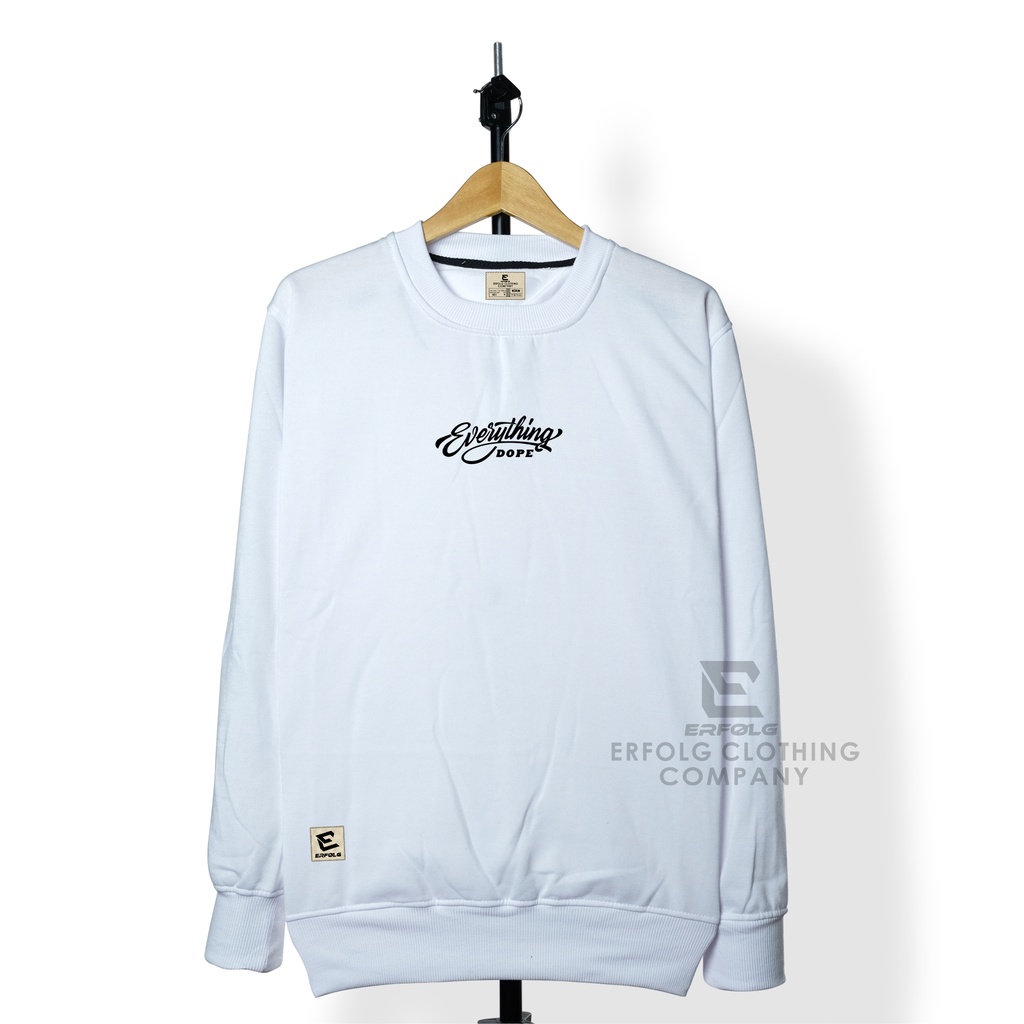 Erfolg Clothing Crewneck Pria Distro Original Putih White Switer Oblong Cowok Brand Lokal Bandung Unisex Original Cowo Sweater Cream Crunek Motif Japan Sablon Simpel Everything Suiter Jumbo Cardigan Kerah Tinggi Bahan Tebal Murah Premium