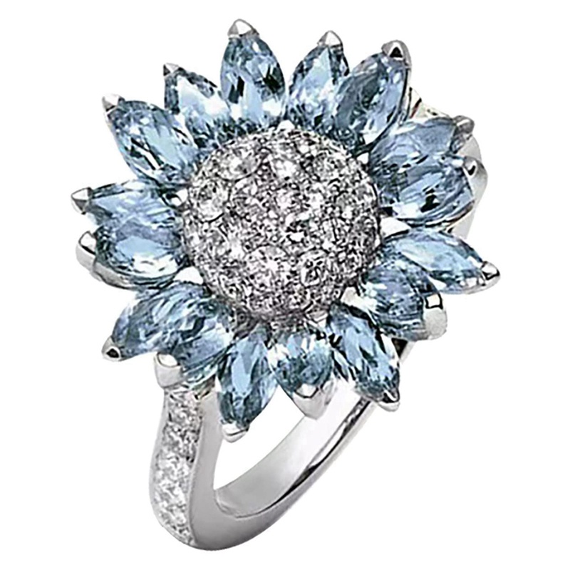 Cincin Bunga Matahari Zrconia Berlian Imitasi Biru, Perhiasan Wanita Cincin Tunangan Perhiasan Fashion Sederhana