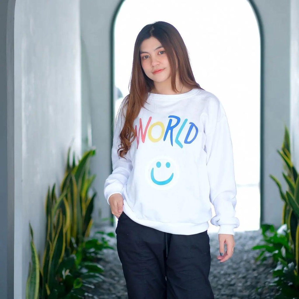 Sweater Crewneck Basic WORLD SMILE bisa untuk pria/wanita