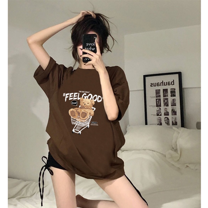 baju atasan wanita kaos/lengan pendek cartoon bear graphic print T-shirt korean style import kaos hitam