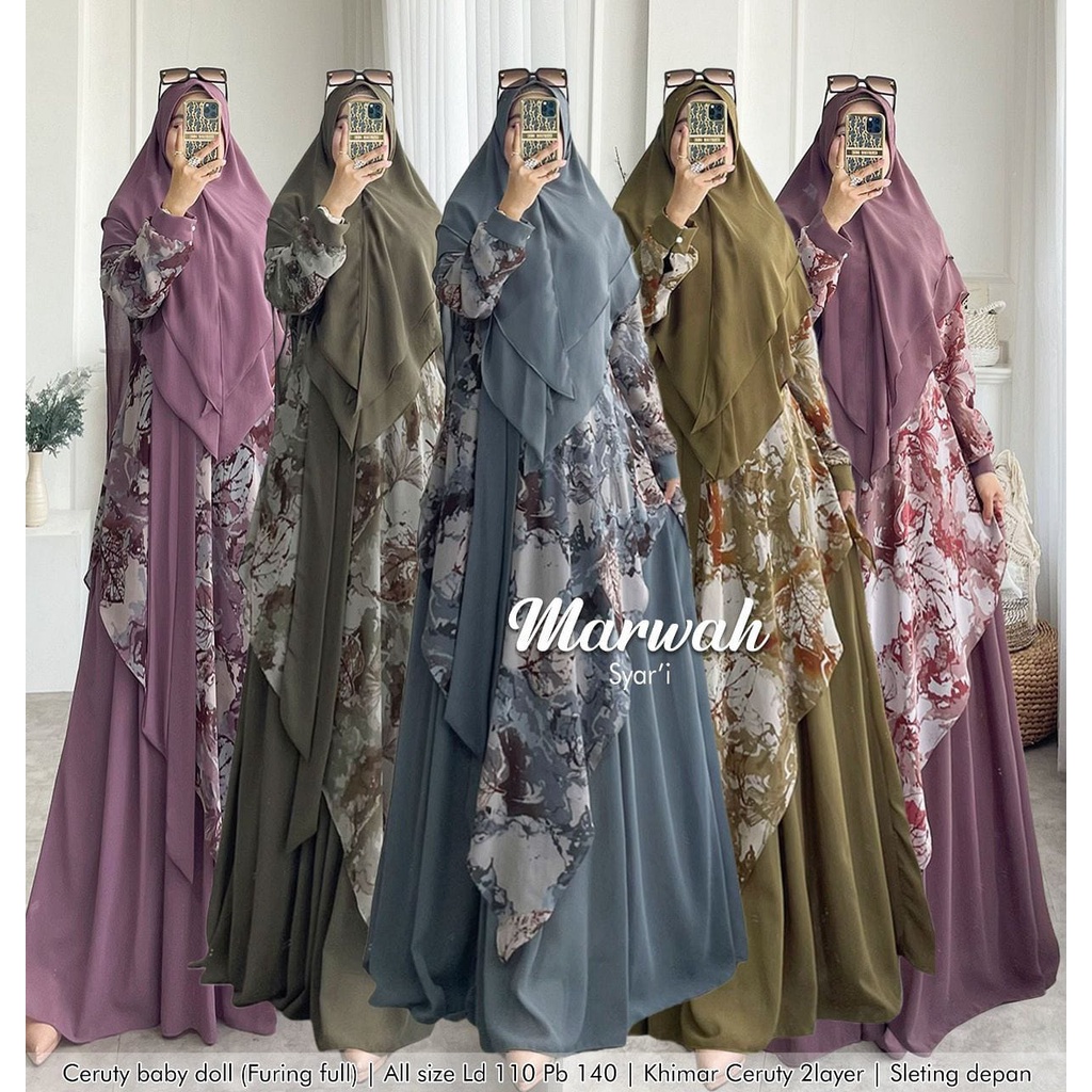 Zahira1808 Gamis Marwah Bahan Ceruty Baby Doll Ori Real Pict Best Seller Dengan Khimar