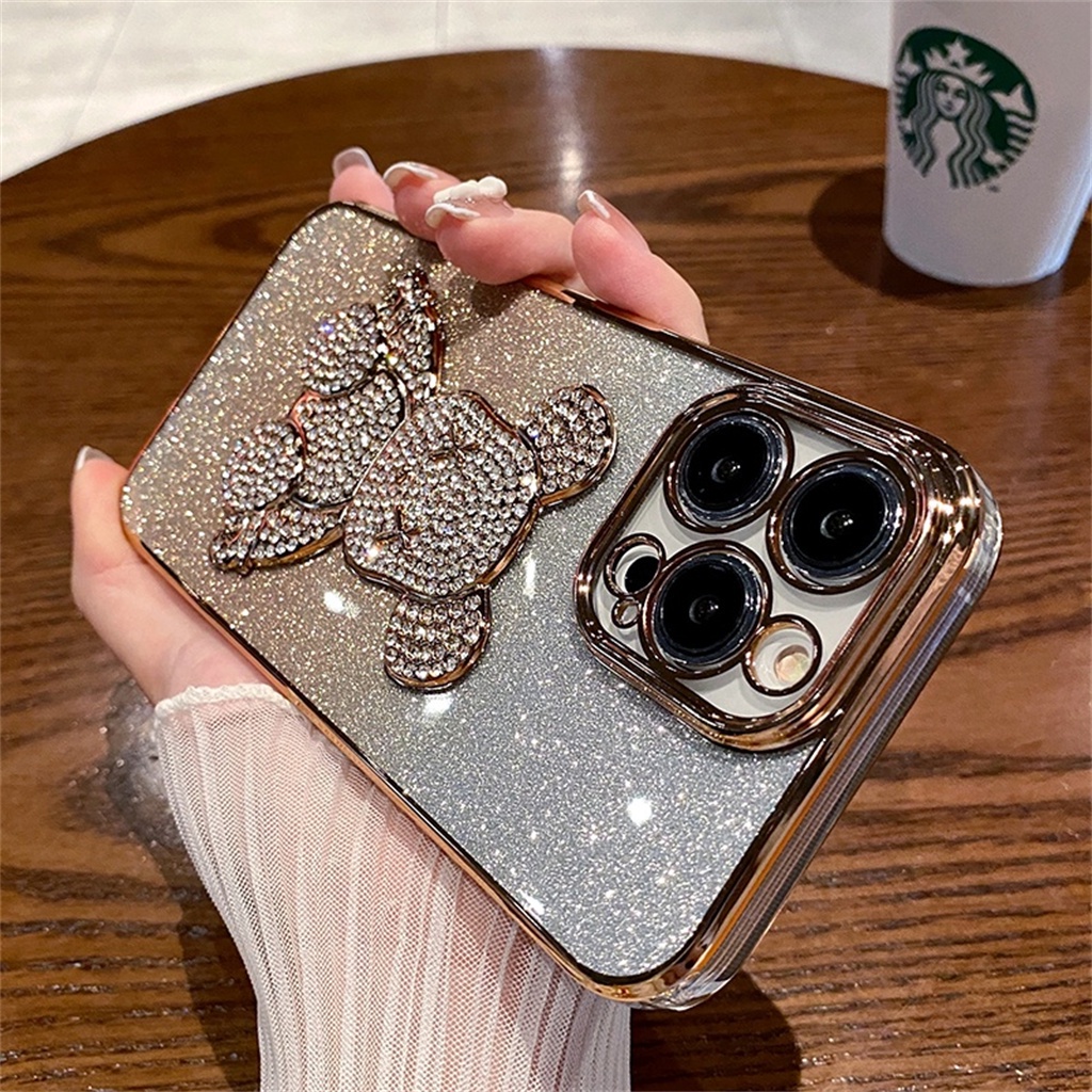 Casing Beruang Berlian Aesthetic Mewah iPhone 14 Pro Max Plus Case iPhone 13 12 Pro Max11 Promax 14plus Kamera Kedip Premium Full Tertutup Perlindungan Shockproof Soft Case