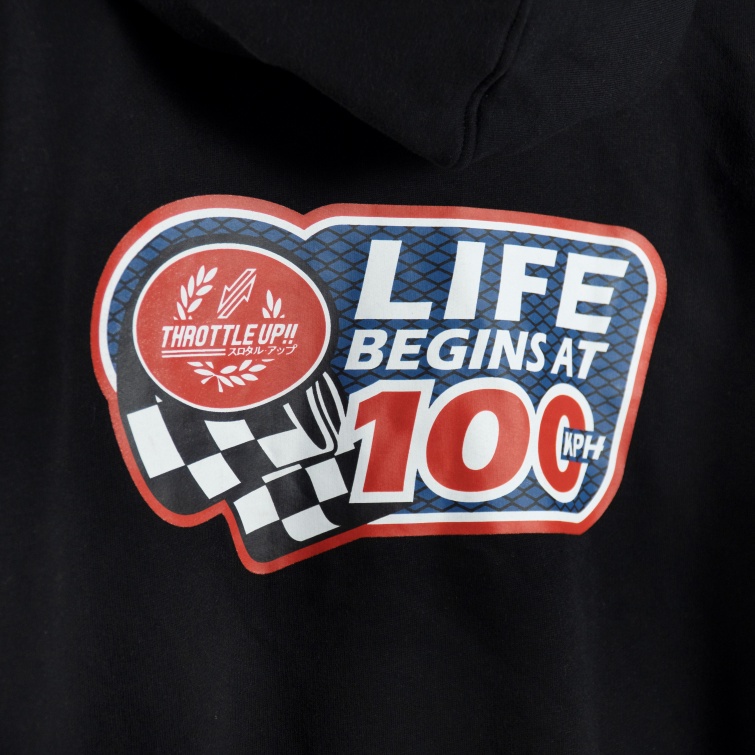 Hoodie THROTTLE UP!! &quot;Life is a Race&quot; Hitam, Cotton Fleece Sablon Pastisol