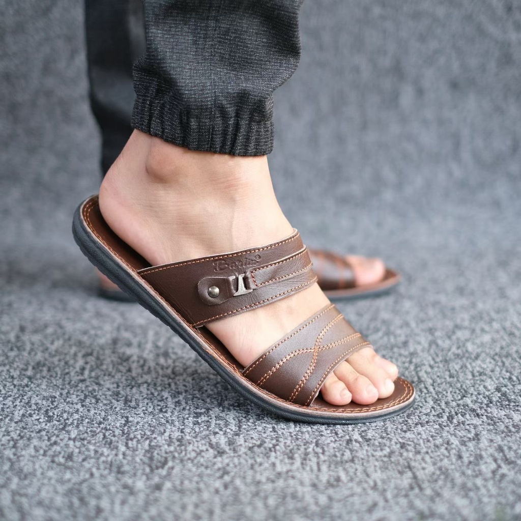 BARLIN ORIGINAL - Sandal Casual Pria FULL Kulit Asli Murah Slop Slide Flip Flop Selop NgeMall Hangout Handmade