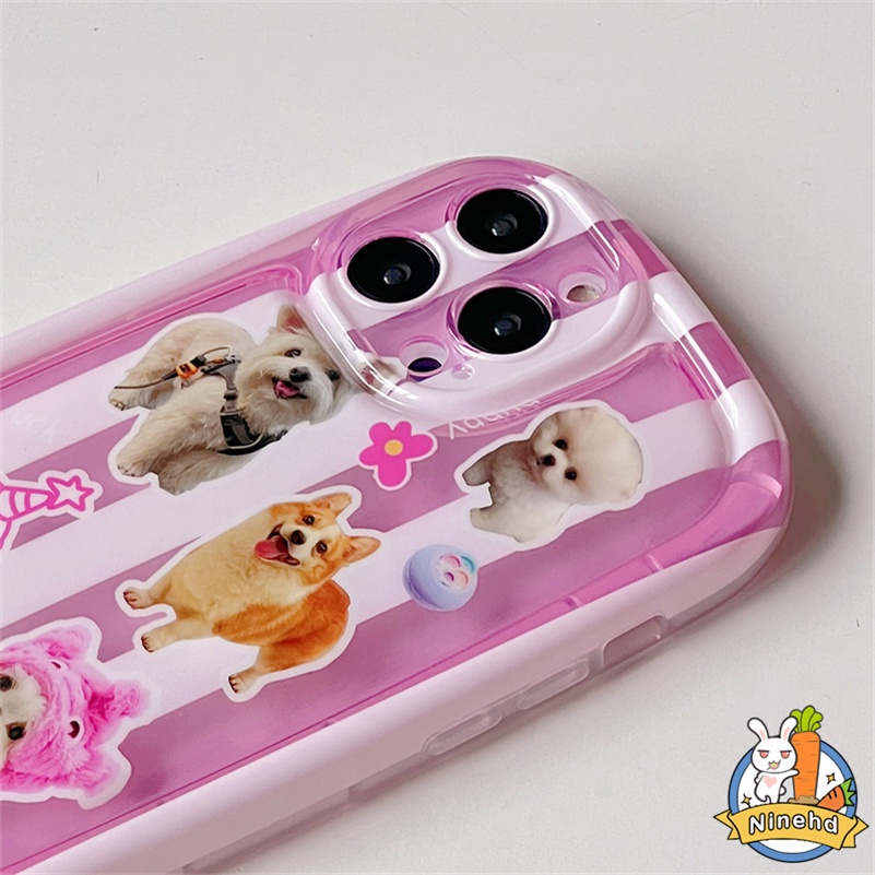 IPHONE Casing Kompatibel Untuk Iphone14 13 12 11 Pro Max X Xr Xs Max8 7 6 6s Plus SE 2020 Ins Cute Dog Pink Stripe Phone Case Silikon Transparan Shockproof Soft Case Cover Pelindung