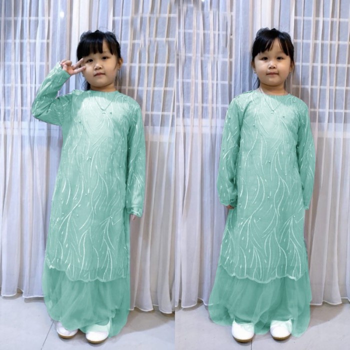 Gamis Anak Murah Gamis Brukat Brokat Anak Perempuan Polos Geralda Warna Hijau Wardah - 1Jilbab Bela 