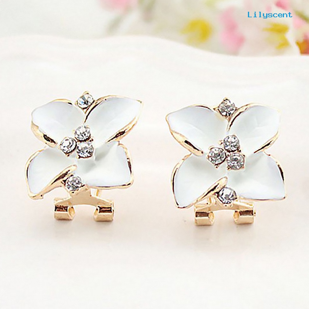 [LS] Wanita Berlian Imitasi Bertatahkan Enamel Clover Shape Stud Earrings Hadiah Perhiasan Pesta