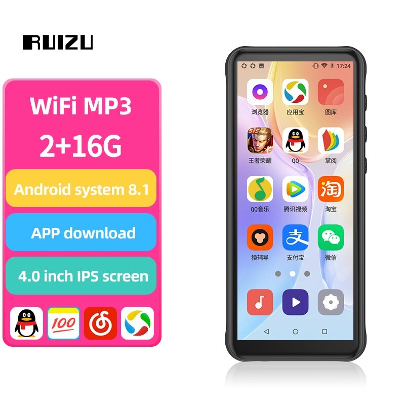 Ruizu Android 8.1 MP3 Player Wifi Bluetooth Touchscreen 4 Inch 16GB - Z80 - Black