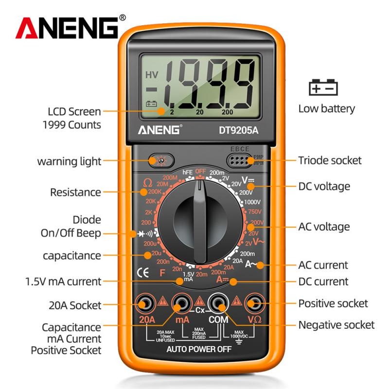 ANENG Digital Multimeter Multitester Voltage Tester with Stand - DT9205A-12 - Orange