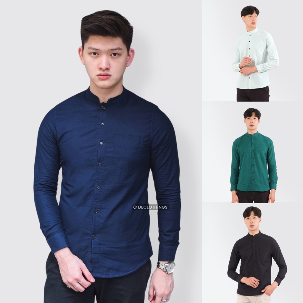 Kemeja Pria Kerah Sanghai Lengan Panjang Kemeja Shanghai Pria Polos Slim fit