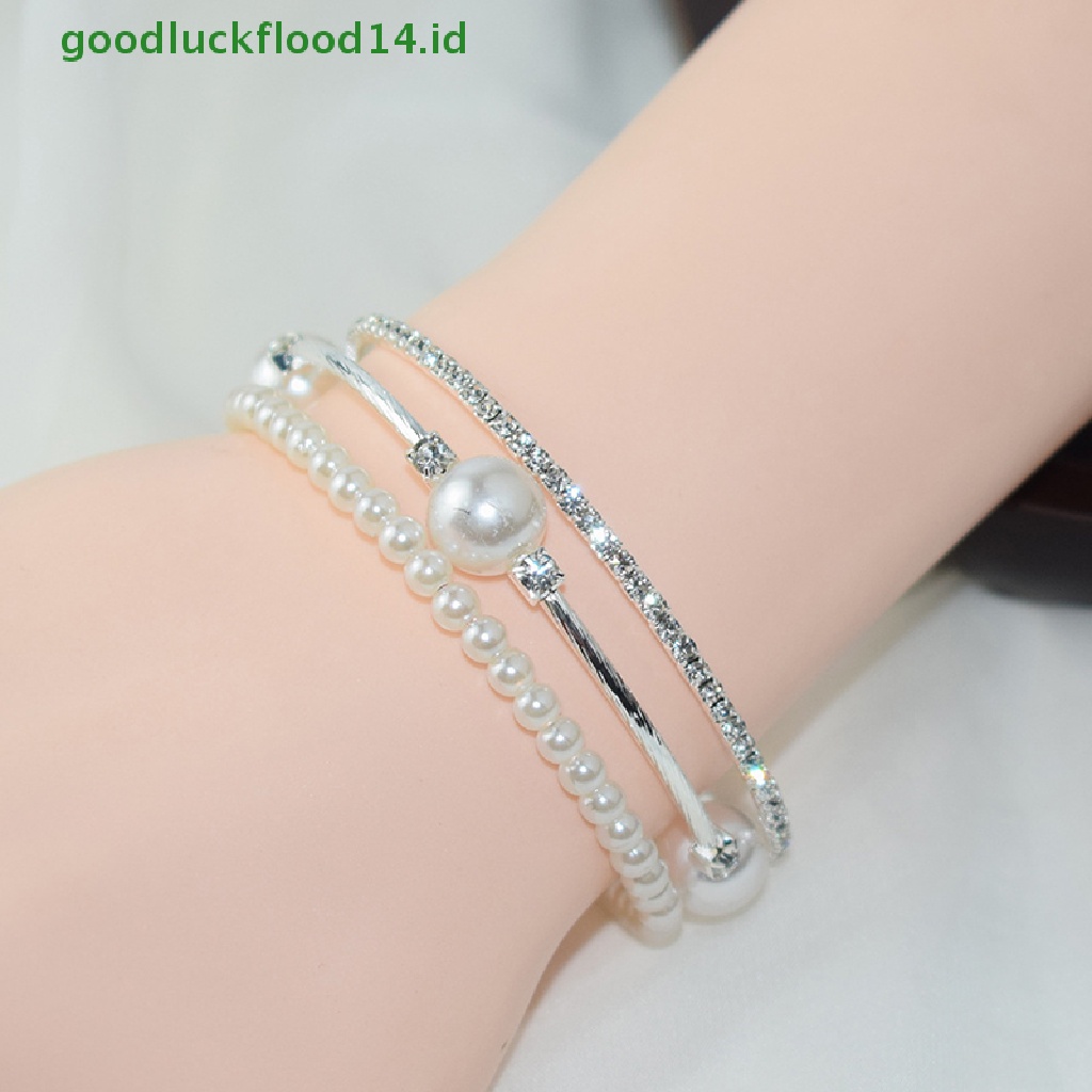 [GOOGFOUR] Kristal Mutiara Gelang Wanita Berlian Imitasi Multi-layer Adjustable Bangles Manset Berlapis Emas Perak Pesona Gelang Perhiasan Hadiah [TOP]