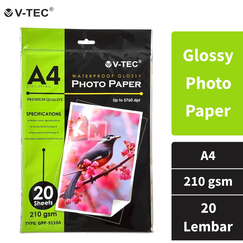 

Glossy Photo Paper / Kertas Foto V-TEC A4 210 gsm GPP-9110A 20 Lembar
