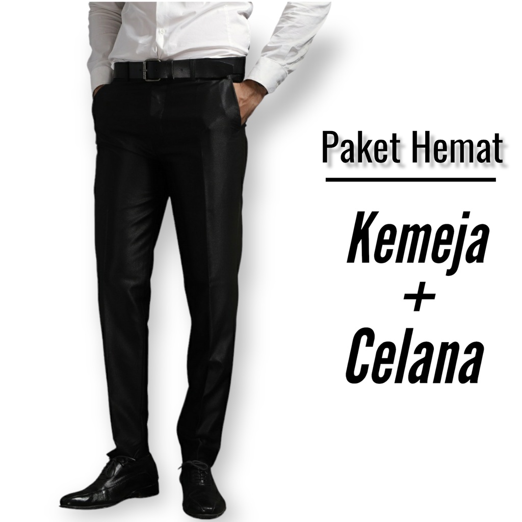 Setelan Kemeja dan Celana Kantor Set Hem Putih Polos dan Celana Formal Pria Slimfit Warna Hitam Abu Silver