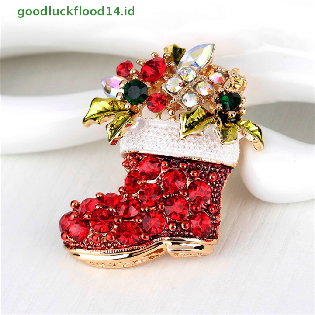 [GOOGFOUR] 1x Baru Berlian Imitasi Kristal Natal Stocking Boot Pin Bros Xmas Hadiah Nada Emas [TOP]