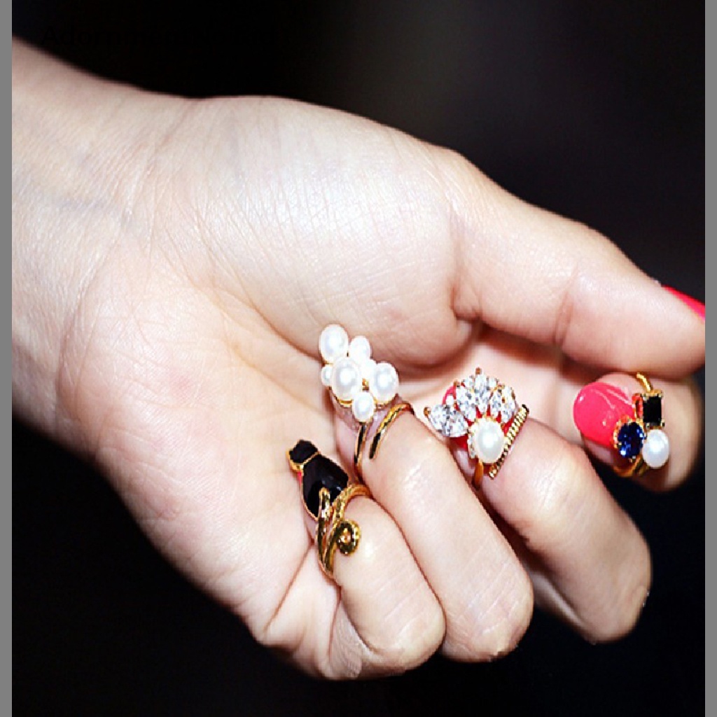 [AdornmentNo1] Cincin Fashion Wanita Cat Pearl Zircon Nail Rings Set 4PCS/Set Chic Knuckle Rings [ID]