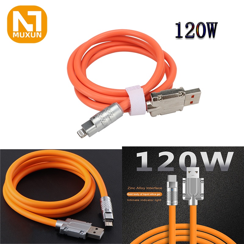 Kabel Data Silikon / Pengisi Daya USB Type-c 120w 6a Pengisian Cepat Bahan Paduan Seng Dengan Lampu Indikator Untuk Andr