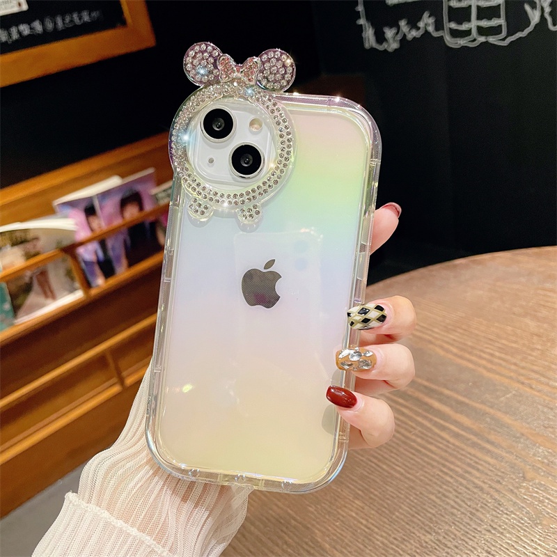 Casing Ponsel Bunga Berlian Mickey Kartun Lucu Untuk IPhone 14 Pro Max13 12 11 X XS Max XR Fashion Grid Transparan Lembut Shockproof Cover