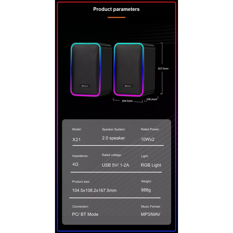 Speaker Kisonli 2 Channel X21 With RGB LED Light Speaker PC Gaming Bass - ACS