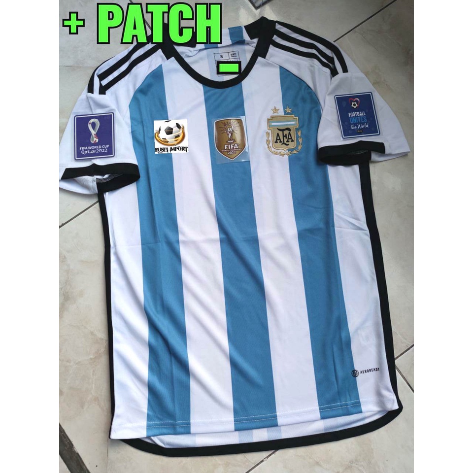Jersey Baju Bola Argentina Home Bintang 2 Full Patch Piala Dunia World Cup 2022 Grade Ori