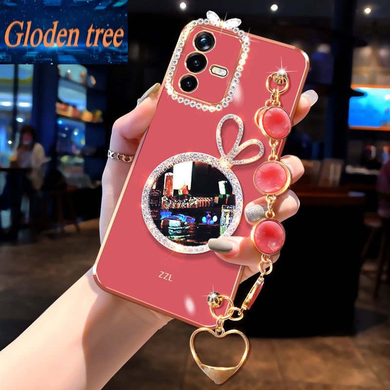 Casing Ponsel Pohon Gloden Untuk Vivo Y51 2020 Y15S 2021 Y21 2021 Y21S Y33S 4G Y33S 5G Y75 5G Y55S Y77 Y35 Kelinci vanity mirror Perhiasan Gelang, Bingkai Foto Dengan Berlian