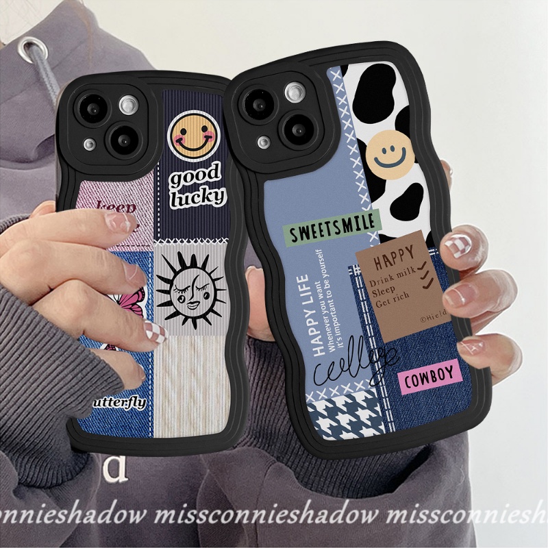 IPHONE Casing Kompatibel Untuk Iphone11Xr 6 6s 87 Plus 12 14 13 Pro Max 11Pro Max14 Plus X XS Max SE 2020 Motif Kupu-Kupu Splicing Smiley Label Lembut Bergelombang Edge Case