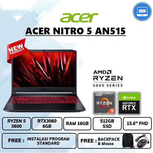 LAPTOP ACER NITRO 5 AN515 RYZEN 5 5600 RAM 16GB SSD 512GB RTX 3060 6GB