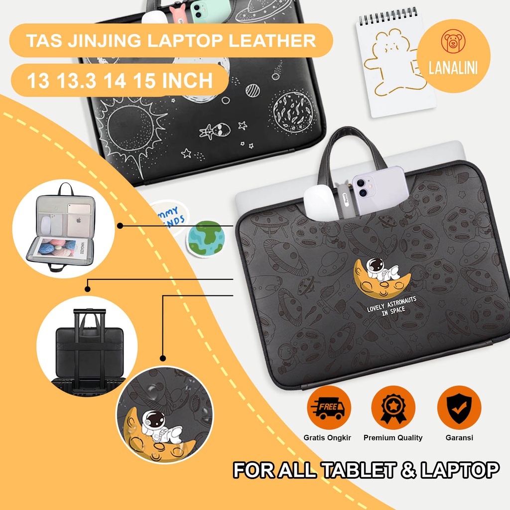 Sleeve Pouch Sarung Tas Bag Case Ipad Tab Tablet Macbook Air Pro Laptop Asus Acer Lenovo HP Huawei 11 12 13 14 15 inch Motif Gambar Kartun Cartoon Space Cosmos Astronot Warna Hitam Black Cute Murah Korean Model Jinjing Tali Strap Waterproof Tahan Air