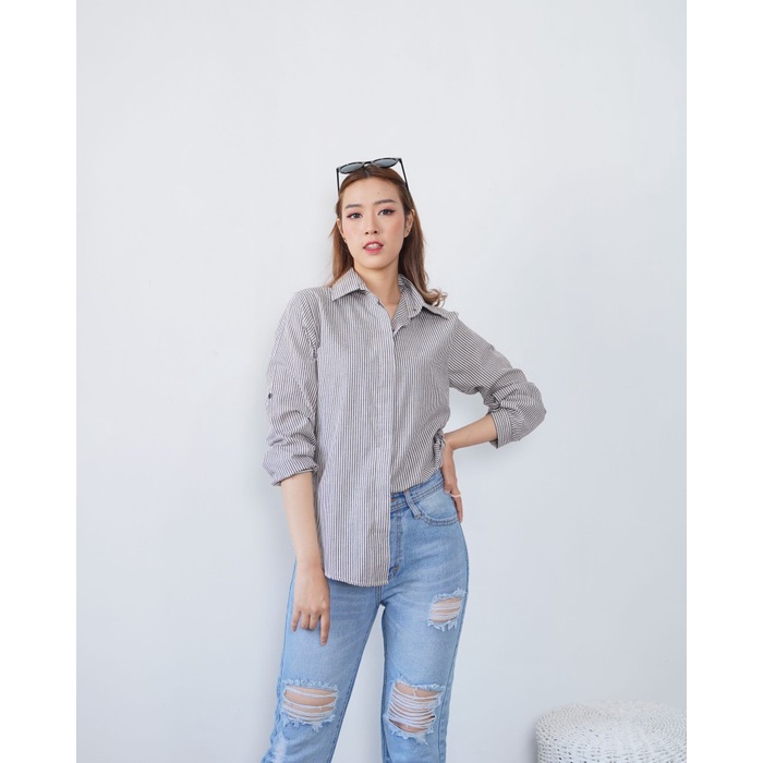 MRN25 Chamele - kemeja salur basic wanita motif stripe 2155 - Hitam abu, all size