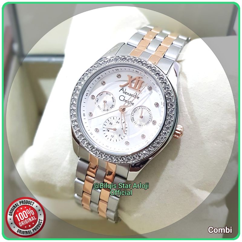 Alexandre Christie Wanita Ac 2496 BF Diamond Tali Rantai Silver Combi Rose Gold Original