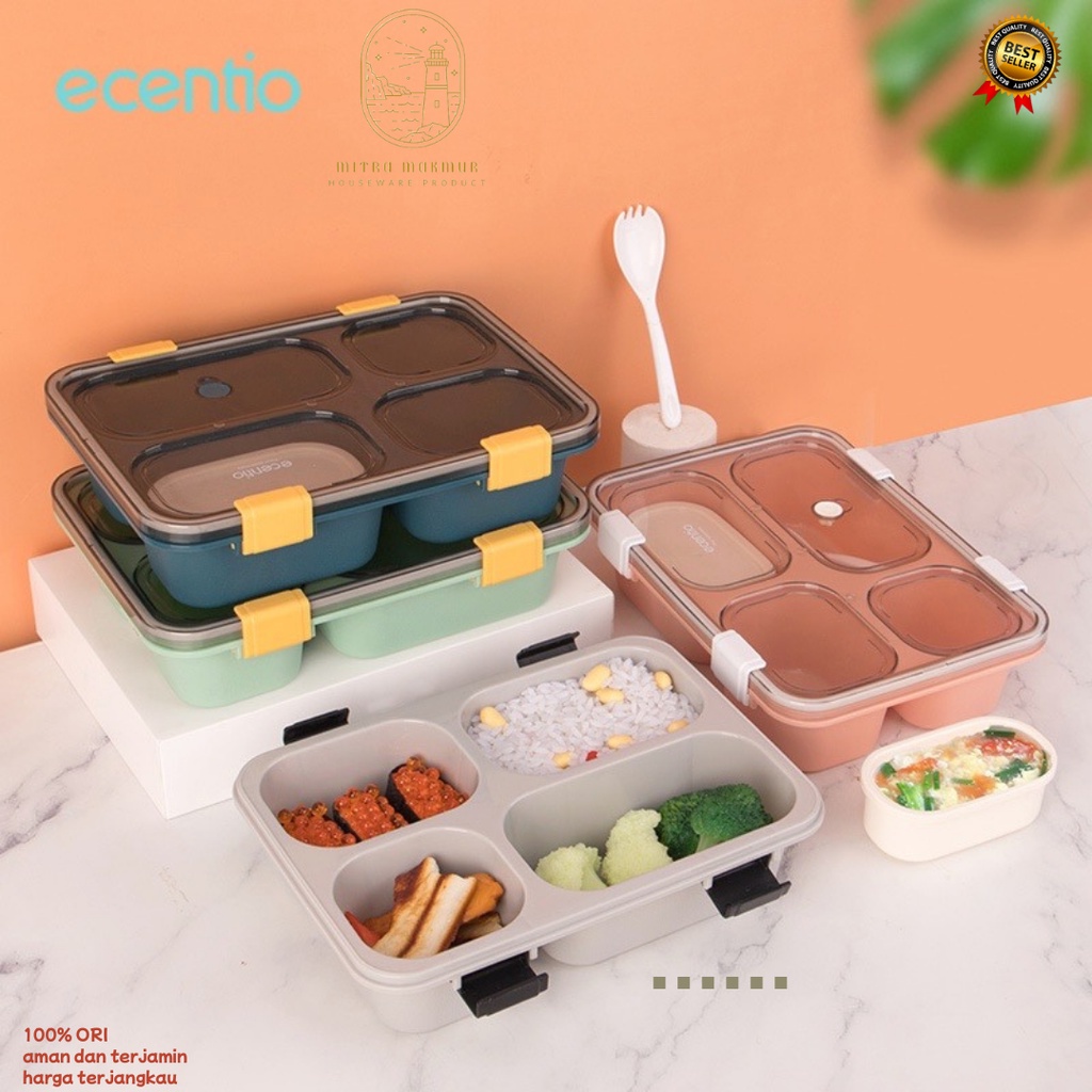 ECENTIO TEMPAT MAKAN KOTAK MAKAN LUNCH BOX 3-4 GRID FREE SENDOK TEMPAT SOUP ANTI BOCOR